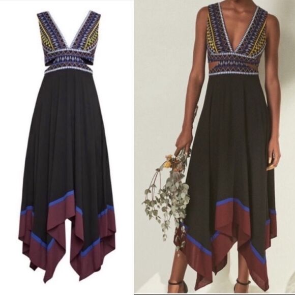 BCBGMaxAzria Boho Embroidered Handkerchief Midi Dress Black 0 - Picture 3 of 13